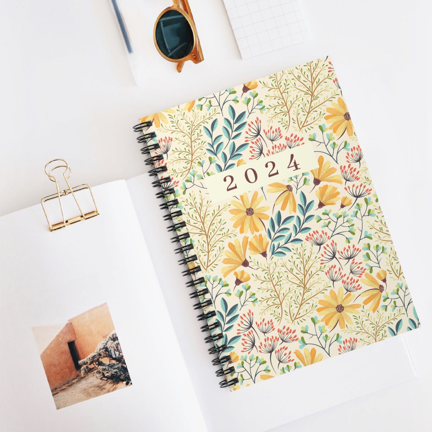 2024 Yellow Floral Spiral Notebook - Ruled Line